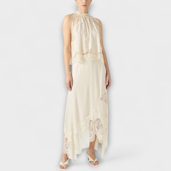 Kaia - Satino bluzonas su nėriniu ir plisuotu iškirpimu komplekte