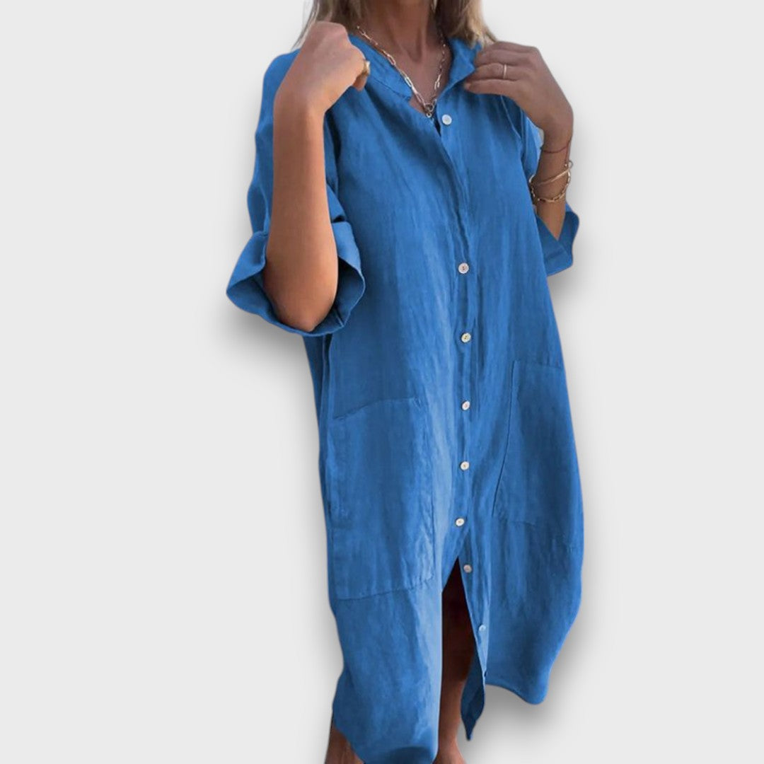 Linienė Suknelė su Mygtukais ir Kišenėmis