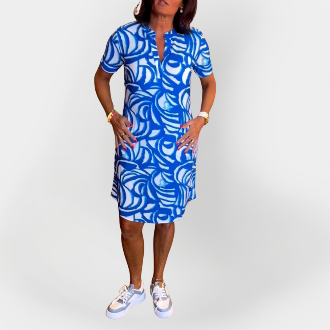 Raštuota Midi Suknelė su Trumpomis Rankovėmis