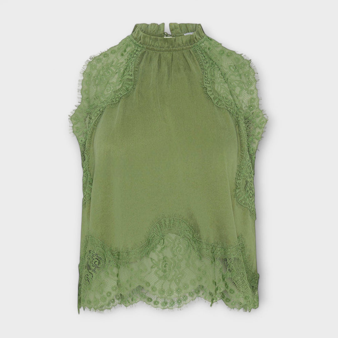 Kaia - Satino bluzonas su nėriniu ir plisuotu iškirpimu komplekte