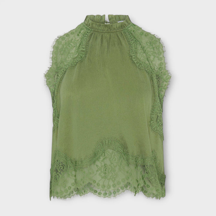 Kaia - Satino bluzonas su nėriniu ir plisuotu iškirpimu komplekte