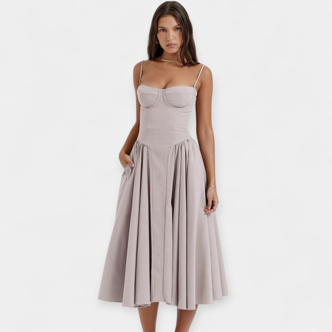 Retro Midi Suknelė su Švelniomis Petnešomis