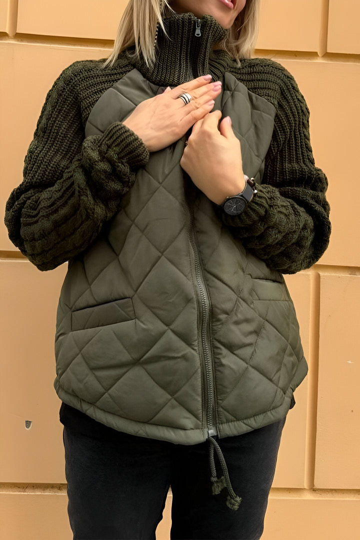 ANIYA - Megztas džemperis su užtrauktuku ir patchwork dizainu