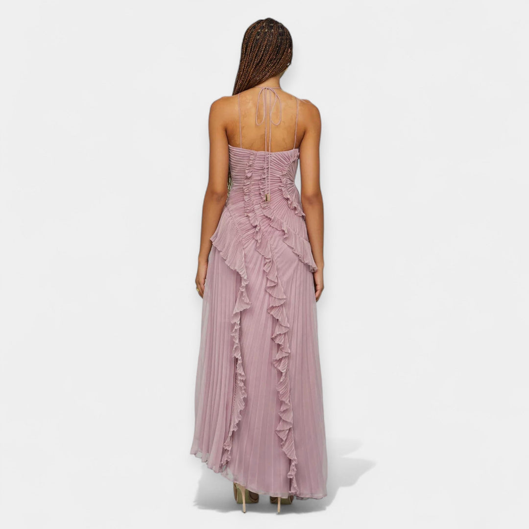 Lila Midi Suknelė su Reguliuojamais Volanais