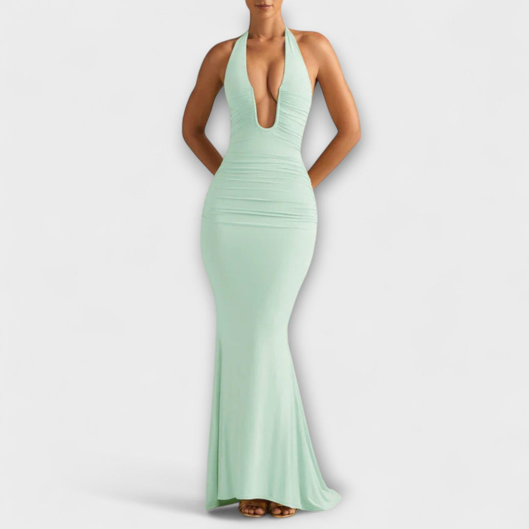 Išskirtinė gala suknelė su atvira nugarą ir įspūdinga iškirpte