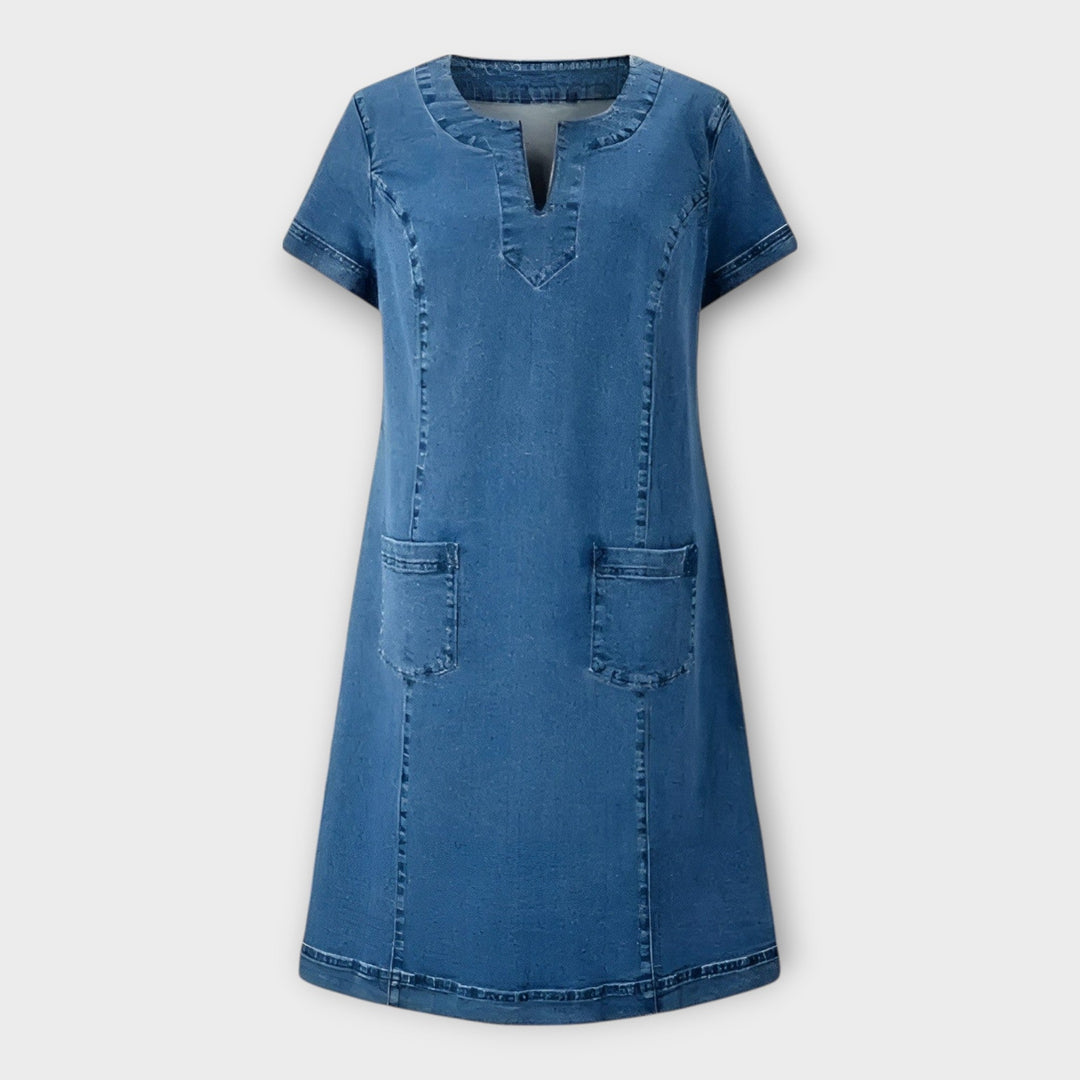 Denim Dress with Pockets and V-Neckline