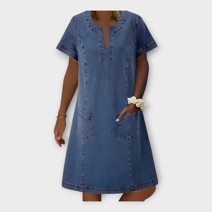 Denim Dress with Pockets and V-Neckline