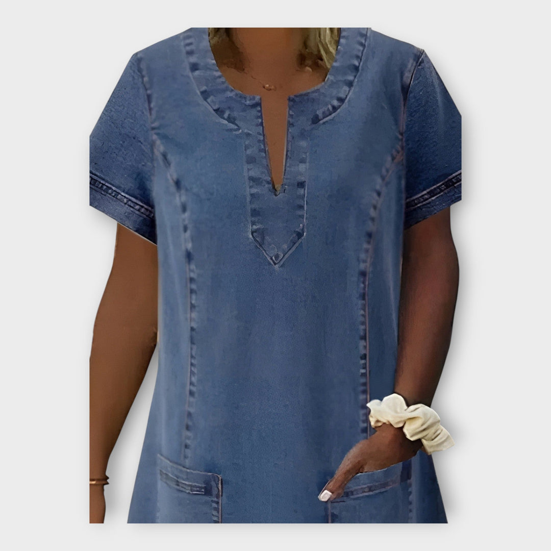 Denim Dress with Pockets and V-Neckline