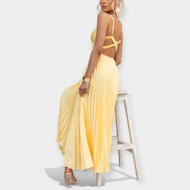 Geltona Maxi Suknelė su Atvira Nugarėle