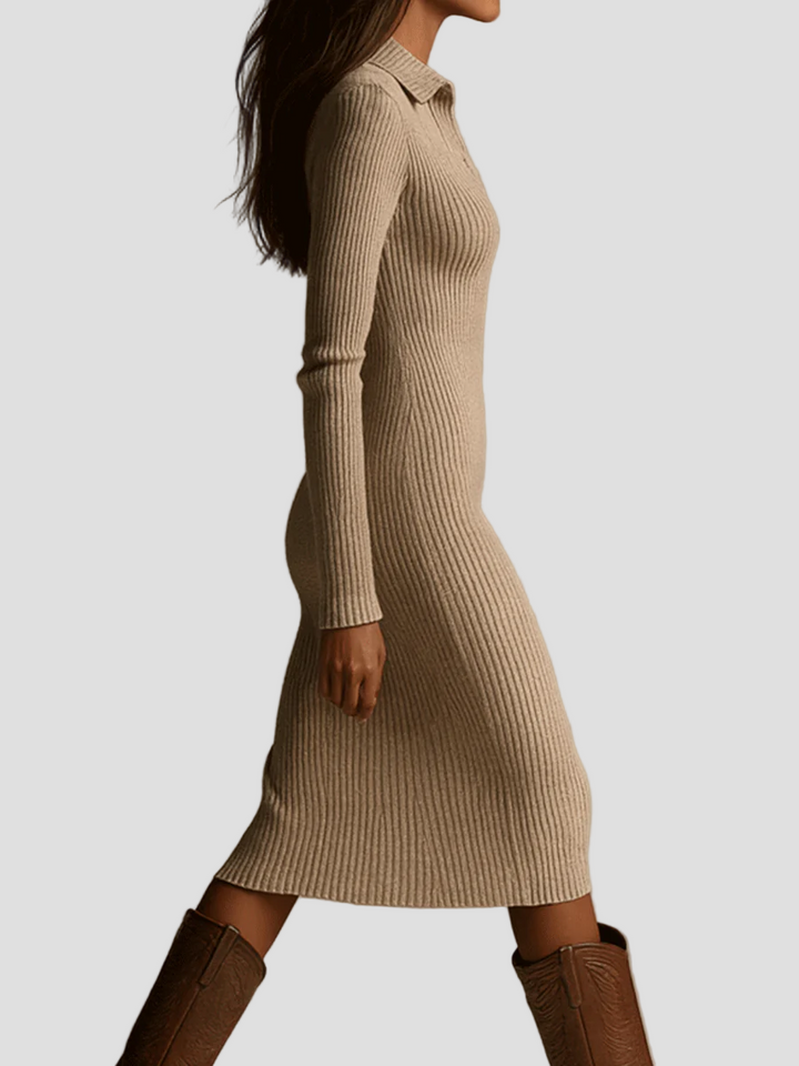 Amandine - Bežinė Ripsuota Midi Suknelė