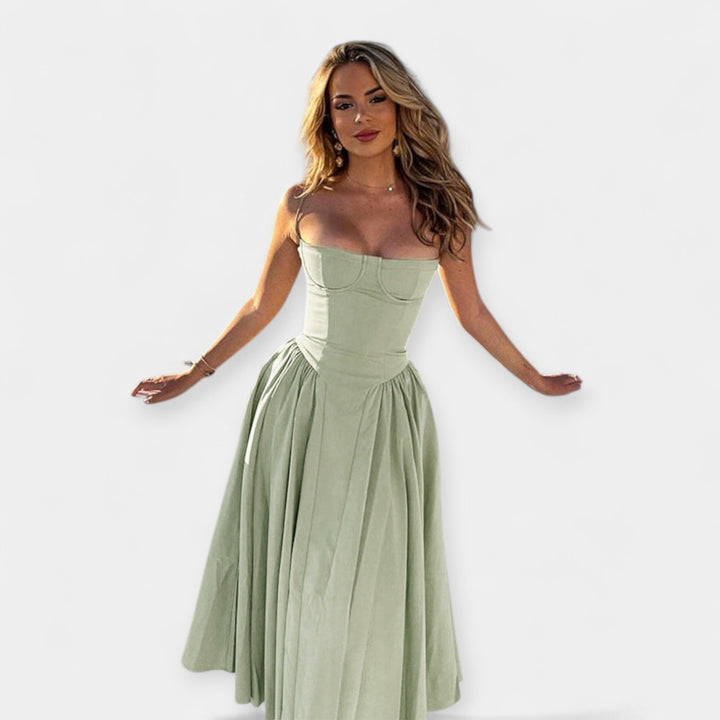 Retro Midi Suknelė su Švelniomis Petnešomis