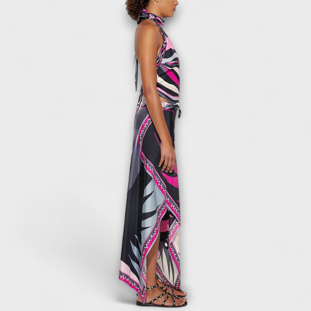 Everly - Kaklo viršūnės ir asimetrinio midi sijono rinkinys