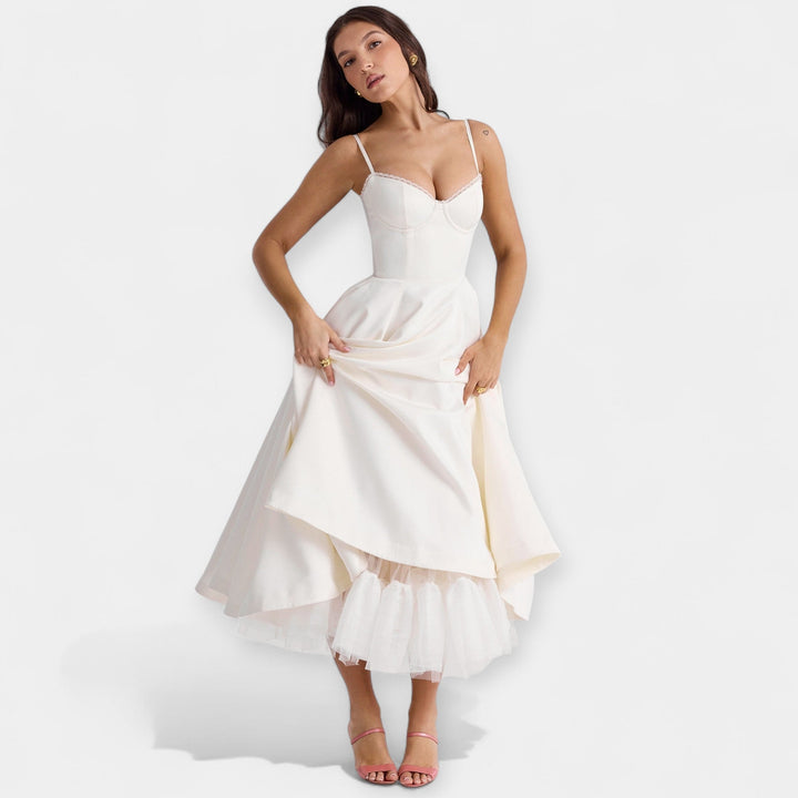 Midi Suknelė su Permatomais Tiulio Akcentais