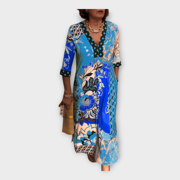 Spalvinga Suknelė su Mygtukais ir 3/4 Ilgio Rankovėmis