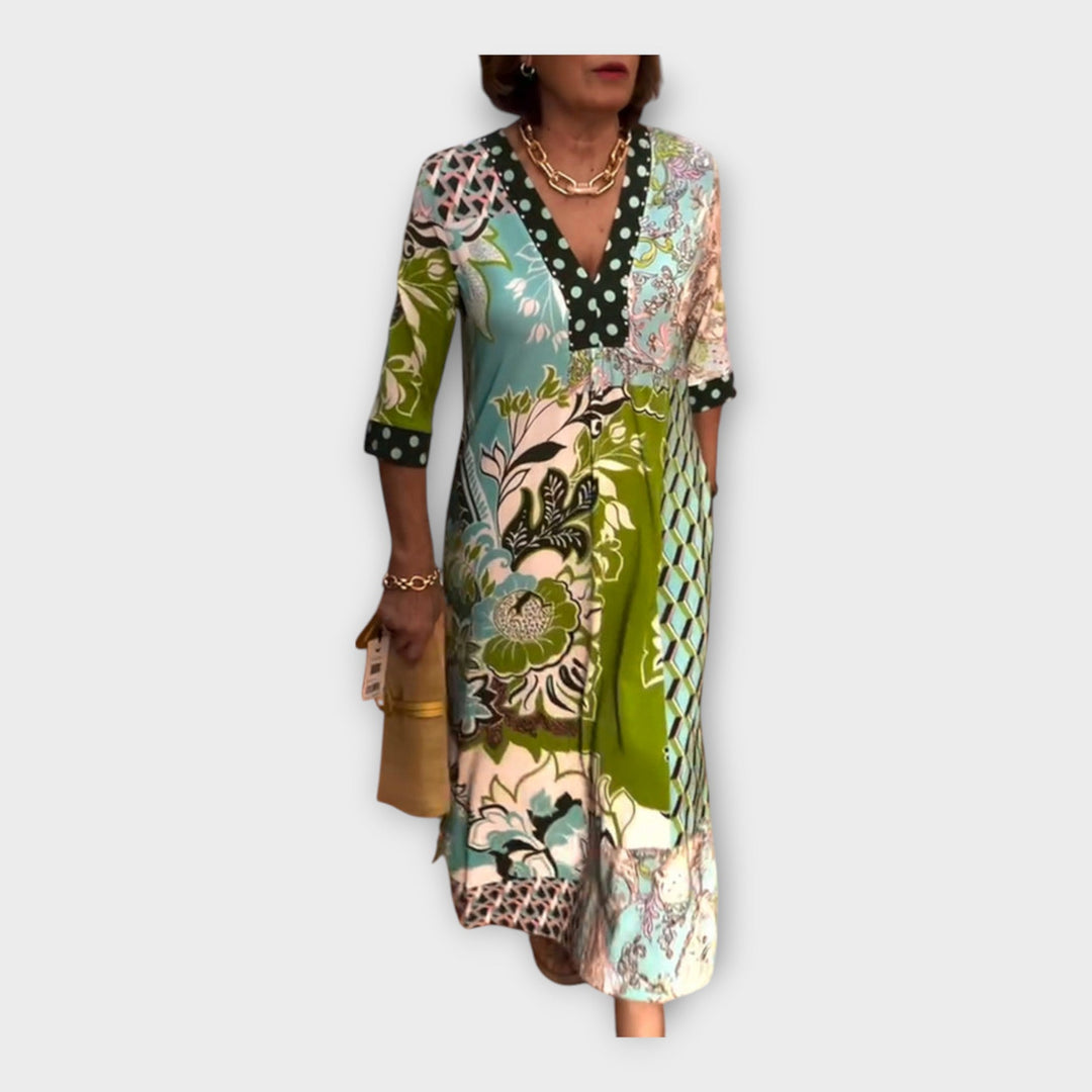 Spalvinga Suknelė su Mygtukais ir 3/4 Ilgio Rankovėmis