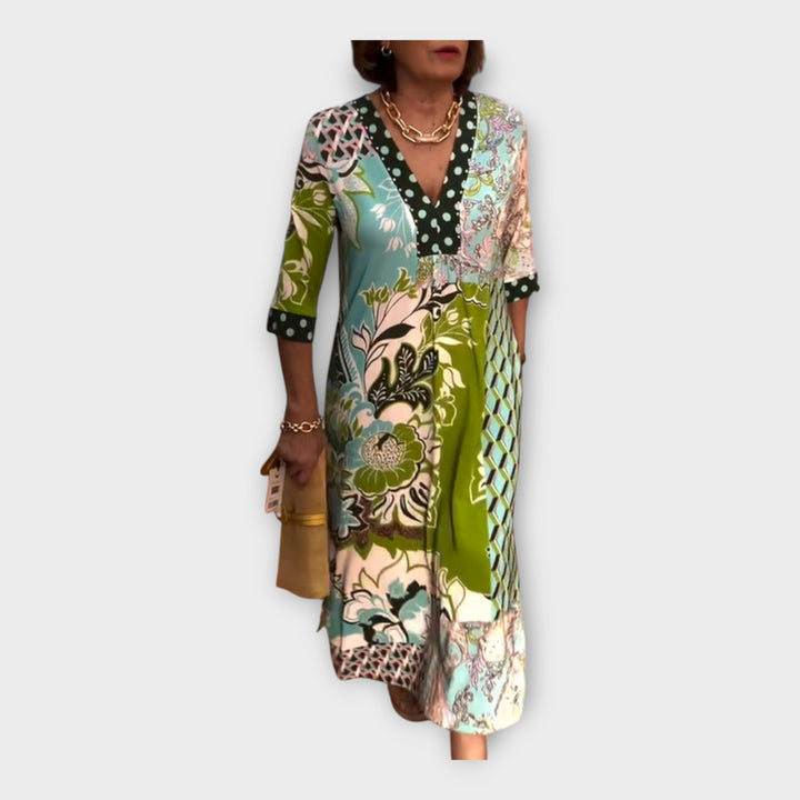 Spalvinga Suknelė su Mygtukais ir 3/4 Ilgio Rankovėmis