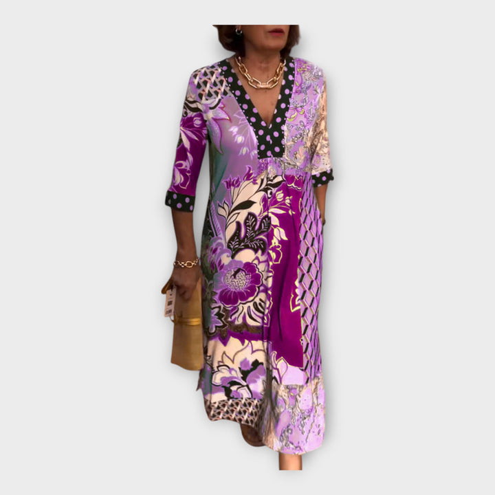 Spalvinga Suknelė su Mygtukais ir 3/4 Rankovėmis